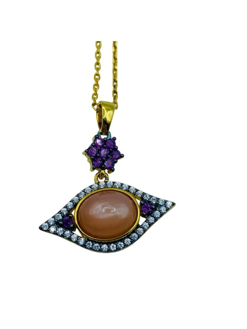 Sterling Silver Gold Vermeil Peach Moonstone Evil Eye Pendant Necklace Designer